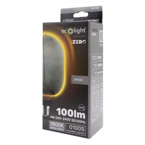 Żarówka LED dymiona E27 4W o średnicy 100 mm, emitująca ciepłe światło o temperaturze 1800K. Owalny kształt, widoczna oprawa E27, opakowanie z informacjami o parametrach oraz logo producenta.