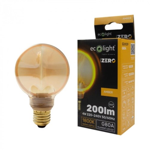 Żarówka LED bursztynowa E27 o mocy 4W i temperaturze barwowej 1800K, w kształcie kulki fi 80 mm. Widoczna jest złota, przezroczysta powłoka oraz gwint E27. Obok znajduje się opakowanie z informacjami technicznymi oraz logo marki Ecological.
