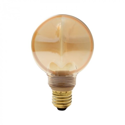 Żarówka LED E27 4W w kształcie kulki o średnicy 80 mm, z bursztynową, przezroczystą powłoką. Emituje ciepłe światło o temperaturze 1800K. Widoczny gwint E27, produkt stojący, na białym tle.
