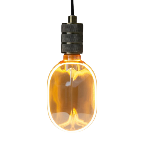 Żarówka LED bursztynowa E27 o mocy 4W, średnica 100 mm, ciepła biała barwa światła 1800K, owalny kształt, zawieszona na czarnym kablu, z widocznym filamentem wewnętrznym.