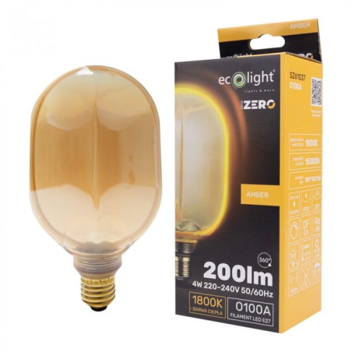Żarówka LED bursztyn E27 4W o średnicy 100 mm, ciepła biała 1800K. Owalny kształt, przezroczysta bursztynowa powłoka, widoczny gwint E27. W opakowaniu logo producenta i informacje o mocy oraz barwie światła.