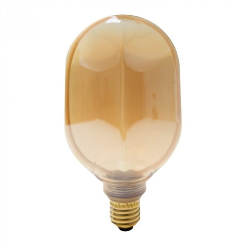 Żarówka LED bursztynowa E27 o mocy 4W i średnicy 100 mm, owalna, emitująca ciepłe światło białe 1800K. Widoczna gwint E27, przezroczysta, bursztynowa powłoka z lekko zaokrąglonym kształtem.