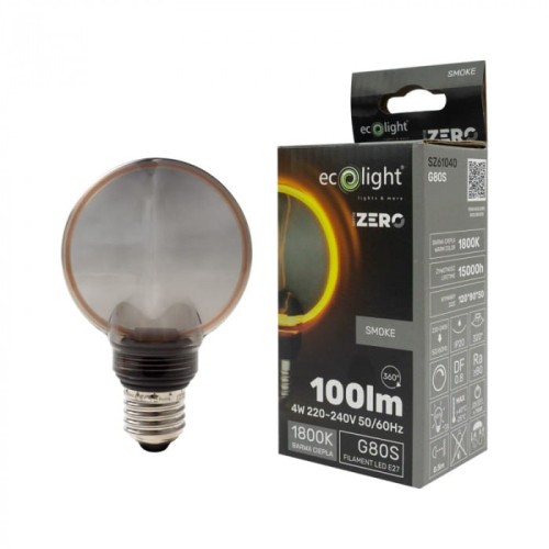 Żarówka LED dymiona E27 4W o średnicy 80 mm, kulista, z mlecznym szkłem. Opakowanie z informacjami o mocy, barwie światła 1800K i strumieniu świetlnym 100 lm. Widoczny gwint E27 i logo producenta.