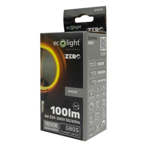 Żarówka LED dymiona E27 o mocy 4W i fi 80 mm, barwa ciepła 1800K, z opakowaniem. Widoczny logo producenta ecolight oraz informacje o żywotności 15000 h i wydajności 100 lm. Opakowanie z uchwytem, w kolorze szaro-czarnym.