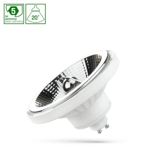 Żarówka LED GU10 10W SMD w neutralnej białej barwie, z białym trzonkiem, metalowym reflektorem, kąt świecenia 20°. Widoczna etykieta z gwarancją 5 lat. Produkt w pozycji leżącej, na białym tle.