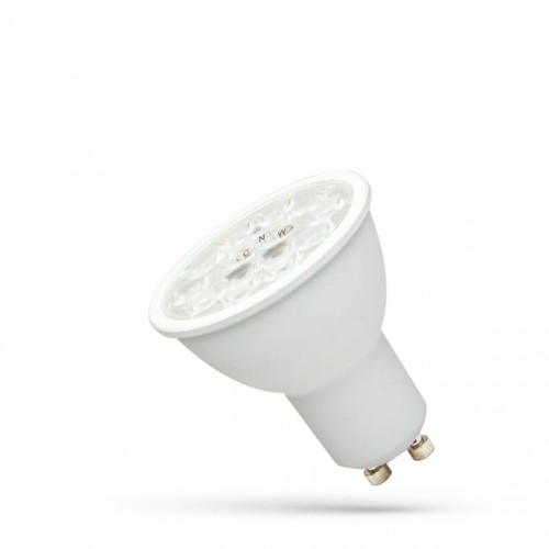 Żarówka LED GU10 6W z soczewką, o kącie świecenia 38°. Biały, okrągły korpus z metalowym uchwytem. Możliwość zmiany barwy światła. Ujęcie z boku, produkt stoi na płaskiej powierzchni.