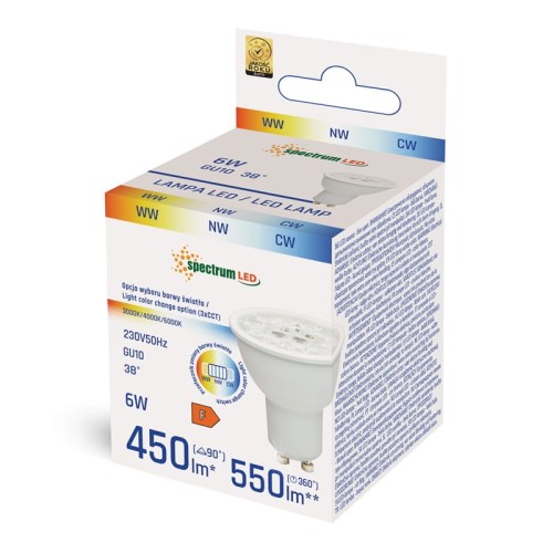 Żarówka LED GU10 6W z soczewką, zmiana barwy światła (3000K/4000K/6000K), kąt świecenia 38°, moc 450 lm (90°), 550 lm (360°), z widocznym opakowaniem i informacjami o specyfikacji.
