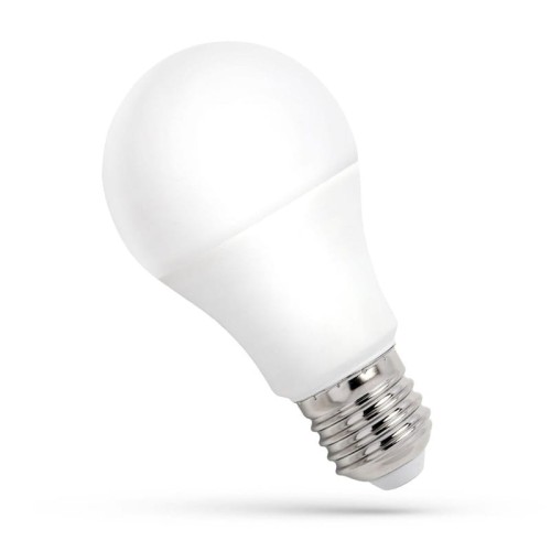 Żarówka LED E27 o mocy 13W w ciepłej białej barwie. Kształt okrągły z matową białą obudową i metalowym gwintem. Widok z boku, stojąca na lekko zaokrąglonym spodzie. Idealna do użytku domowego.