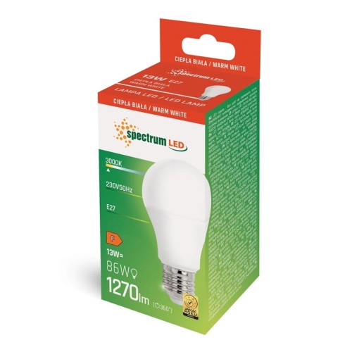 Żarówka LED E27 13W w ciepłej białej barwie, z opakowaniem w zielono-czerwonej kolorystyce. Widoczny gwint E27, moc 13W, strumień świetlny 1270 lm. Opakowanie zawiera informacje o napięciu 230V i temperaturze barwowej 3000K.