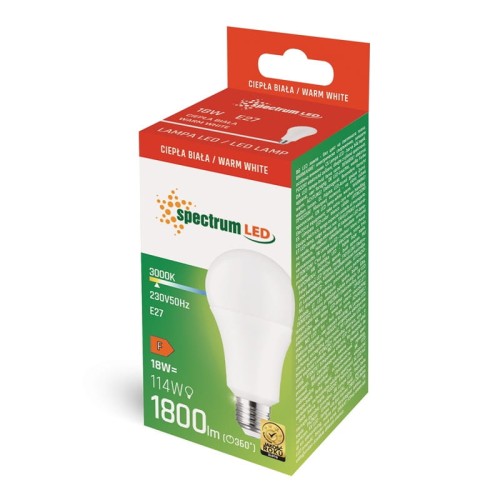 Żarówka LED E27 o mocy 18W w ciepłej białej barwie (3000K). Posiada opakowanie w zielono-czerwonym kolorze z widocznymi informacjami o specyfikacji, w tym jasności 1800 lm i zamienności z żarówką 114W. Ujęcie z boku, pokazujące kształt i etykietę.