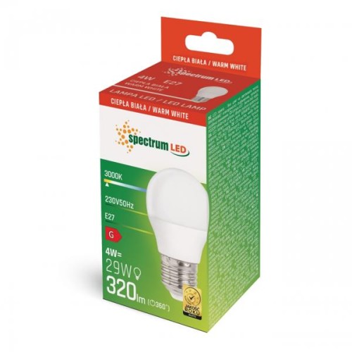 Żarówka LED kulka E27 4W w opakowaniu, biała obudowa z przezroczystą głowicą. Widoczna informacja o mocy 4W, równoważnej 29W, oraz jasności 320 lm. Opakowanie z zielonym i czerwonym nadrukiem, logo spectrum LED na froncie.