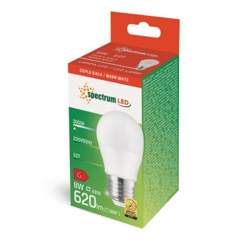 Żarówka LED kulka E27 8W ciepła biała, z opakowaniem w kolorze zielonym i pomarańczowym. Widoczna moc 8W, jasność 620 lm, informacje o napięciu 230V/50Hz oraz typ E27. Opakowanie zawiera również logo producenta.