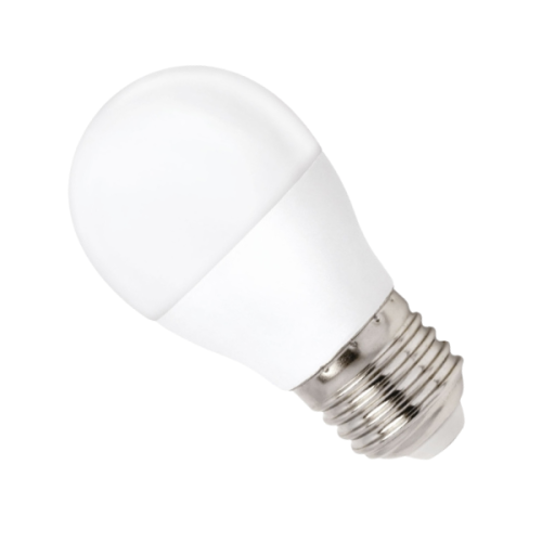 Żarówka LED E27 o mocy 8W, w kształcie okrągłym. Posiada biały, matowy klosz z tworzywa sztucznego i metalowy gwint. Ujęcie z boku, ukazujące detale gwintu oraz gładką powierzchnię klosza.