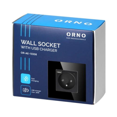 Gniazdo pojedyncze 2P+Z z portami USB-A i USB-C w czarnej obudowie, max. 20W. Na opakowaniu widoczny napis WALL SOCKET WITH USB CHARGER oraz ikony szybkiego ładowania. Produkt w prostokątnej formie, umieszczony na lekko odchylonym tle.