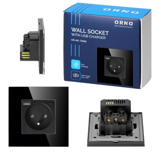 Gniazdo elektryczne 2P+Z w kolorze czarnym z dwoma portami USB-A i USB-C, maksymalna moc 20W. Widok frontalny z wyraźnym otworem gniazdka oraz portami USB, z pudełkiem w tle. Produkt zainstalowany na ścianie.