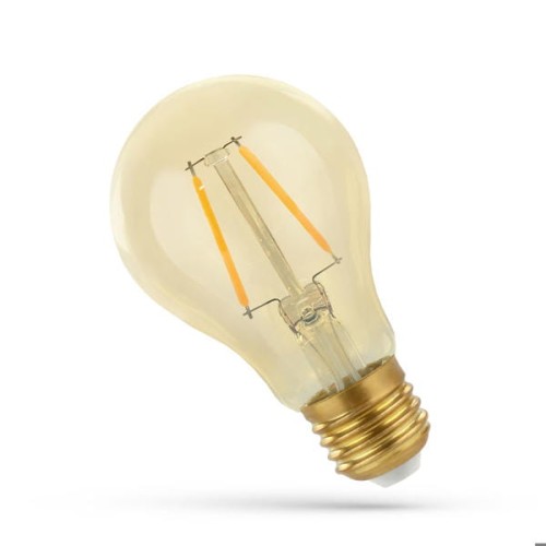 Żarówka LED Filament E27 o mocy 2W i jasności 210lm, z ciepłym, retro światłem. Szklana kula w kolorze lekko żółtym, złoty gwint u podstawy, widoczne filamenty w kształcie prostokątnym. Ujęcie z boku, prezentujące detal konstrukcji.