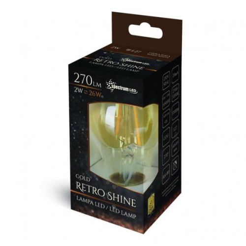 Żarówka LED Filament E27 2W 210lm w ciepłej barwie, zamknięta w przezroczystym opakowaniu. Na etykiecie widoczne informacje: Gold Retro Shine, moc 2W, 270lm, logo Spectrum LED. Opakowanie z uchwytem, kolor dominujący czarny.