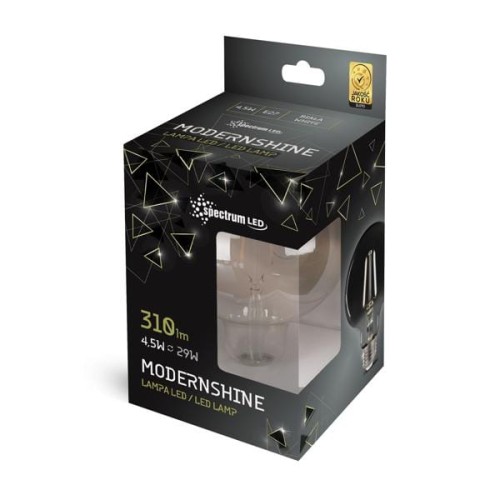 Żarówka LED dymiona Glob Filament E27 o mocy 4,5W, neutralna biała. Widoczna w przezroczystym opakowaniu z czarnymi i złotymi detalami. Na opakowaniu widnieje napis MODERNSHINE oraz informacje o mocy i jasności 310 lm.
