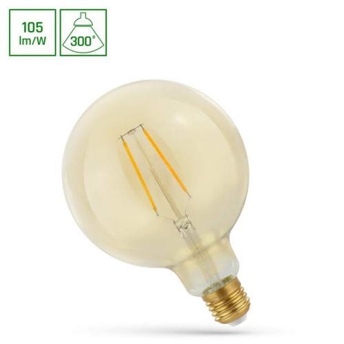 Żarówka LED Glob Filament E27 o średnicy 125 mm, ciepłej bieli. Szklana kula z widocznymi włóknami LED w kolorze żółtym. Gwint E27, kształt kulisty, umieszczona na białym tle. Wydajność 105 lm/W, kąt świecenia 300°.