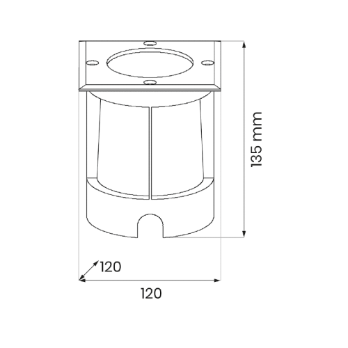 Oprawa najazdowa VIALE GU10 IP67 o wymiarach 120 mm x 135 mm, kwadratowa, z otworem na żarówkę GU10. Rysunek techniczny.