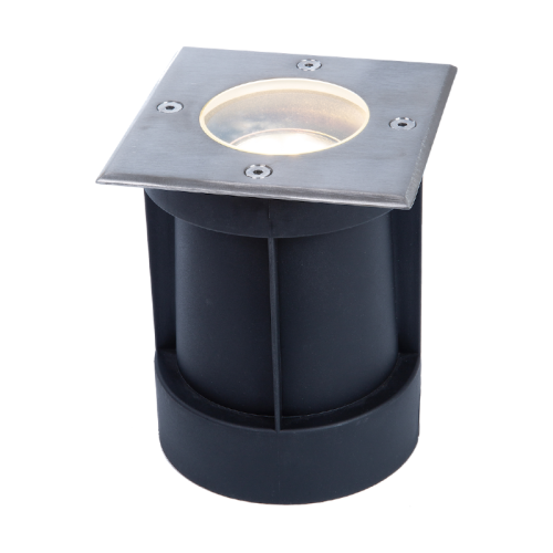 Oprawa najazdowa VIALE GU10 IP67 o kwadratowej, stalowej obudowie z matowym wykończeniem. Widoczna lampa w środku, umieszczona w cylindrycznej podstawie z tworzywa sztucznego. Produkt w pozycji stojącej, z widocznymi otworami montażowymi.
