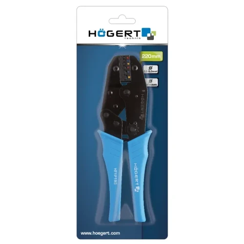 Szczypce do zaciskania tulejek cienkościennych HT1P195 o długości 220 mm, z czarnymi metalowymi końcówkami i niebieskimi ergonomicznymi uchwytami. Widoczne oznaczenia zakresu przewodów na głowicy, w tym średnice 0,5-6 mm² i 20-10 AWG.
