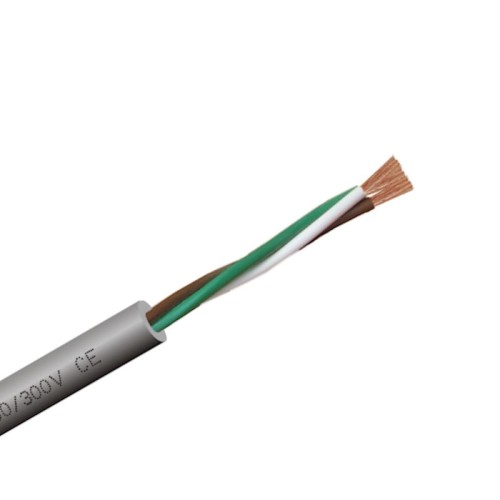 Przewód sterowniczy ekranowany BiT LiYY 3x1,5 300V/300V w szarym kolorze, z widocznymi żyłami w kolorach: brązowym, białym i zielonym. Produkt leży na białym tle, z widocznym oznaczeniem napięcia na izolacji.