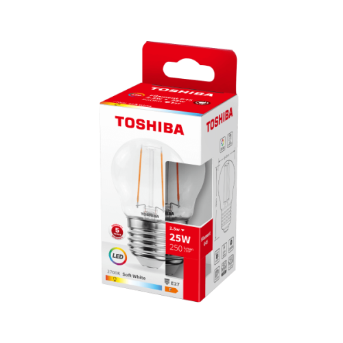 Żarówka dekoracyjna LED KULKA E27 filament 2,5W biała, umieszczona w kolorowym opakowaniu z logo Toshiba. W opisie widoczne informacje o mocy 2,5W, temperaturze barwowej 2700K oraz typie gwintu E27. Opakowanie z uchwytem do łatwego przenoszenia.