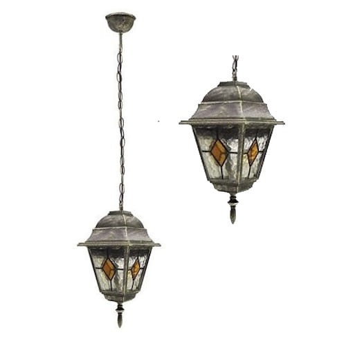 Lampa wisząca MONACO witrażowa w antycznym złocie, z dekoracyjnymi szklanymi elementami w kolorze pomarańczowym i przezroczystym. Produkt zawieszony na łańcuchu, w klasycznym kształcie latarni. Idealna do aranżacji wnętrz.