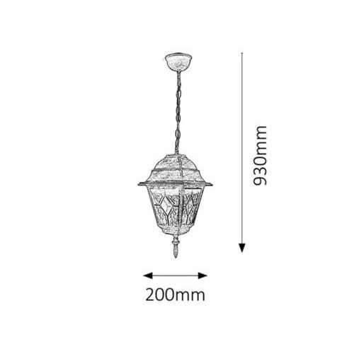 Lampa wisząca MONACO witrażowa w kolorze antycznego złota, o wysokości 930 mm i średnicy 200 mm. Rysunek techniczny.