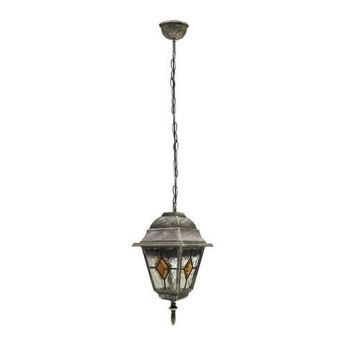 Lampa wisząca MONACO witrażowa w kolorze antycznego złota, o ośmiokątnym kształcie z ozdobnymi witrażami w odcieniach pomarańczowym i przezroczystym, zawieszona na łańcuchu. Idealna do wnętrz w stylu vintage.