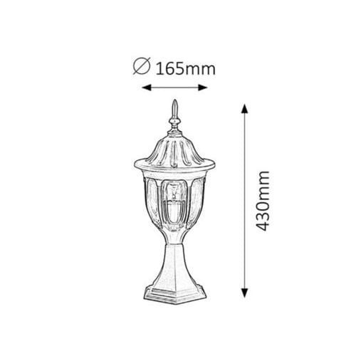 Lampa ogrodowa słupek MILANO o wysokości 43 cm i średnicy 16,5 cm, czarna. Rysunek techniczny.