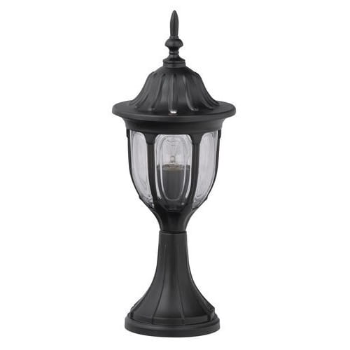 Lampa ogrodowa słupek MILANO o wysokości 43 cm w kolorze czarnym, z finezyjnym kloszem i dekoracyjnym daszkiem. Wykonana z tworzywa, z przezroczystymi ściankami, stojąca na okrągłej podstawie. Idealna do oświetlenia przestrzeni zewnętrznych.