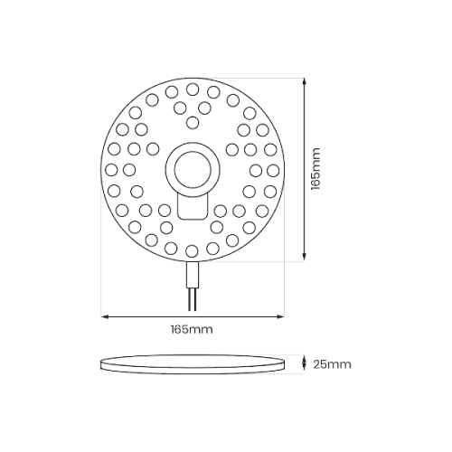 Wkład do plafonu LED o mocy 20W i barwie światła 4000K, okrągły, średnica 165 mm, grubość 25 mm. Rysunek techniczny.