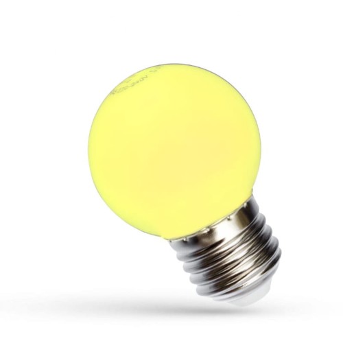 Żarówka LED KULKA E27 1W w kolorze żółtym, okrągła, z metalowym gwintem E27. Widoczna jest gładka, matowa powierzchnia żarówki, ustawiona pod kątem, z delikatnym cieniem na białym tle. Idealna do tworzenia nastrojowego oświetlenia.