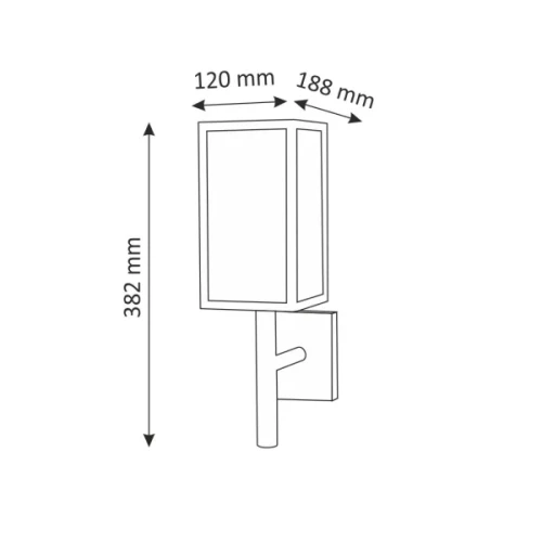 Kinkiet elewacyjny Malmo w kolorze grafitowym, o wymiarach 382 mm wysokości, 120 mm szerokości i 188 mm głębokości. Prosty, prostokątny kształt, montowany na ścianie, przeznaczony do oświetlenia z góry.