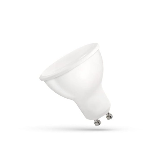 Żarówka LED GU10 4W z mleczną szybą, ciepła biała. Produkt ma zaokrągloną głowicę, a jego moc to 4W. Złącze GU10 z dwoma pinami. Widoczna mleczna powierzchnia zapewnia jednolite rozproszenie światła. Ujęcie z boku, na białym tle.