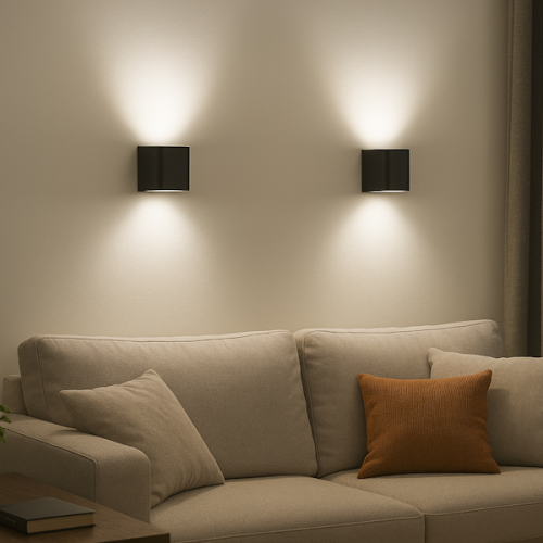Żarówka LED GU10 4W z mleczną szybą w neutralnej białej barwie, montowana w czarnych oprawach ściennych, tworzy delikatne oświetlenie w aranżacji z jasną kanapą i pomarańczową poduszką. Tło jasne, minimalistyczne.