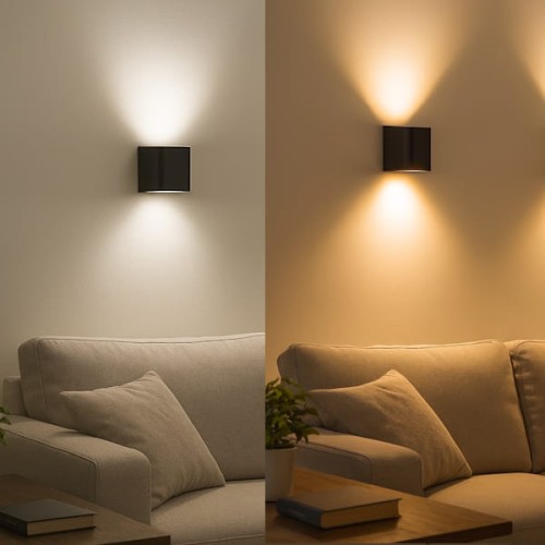 Żarówka LED GU10 4W z mleczną szybką, emitująca ciepłe białe światło. Widoczna w aranżacji z lampą na ścianie, z efektami świetlnymi na tle jasnej ściany. Otoczenie obejmuje jasną kanapę i dekoracyjne elementy, takie jak książki i rośliny.