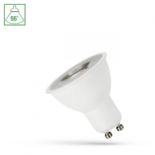 Żarówka LED GU10 4W z soczewką, emitująca ciepłe białe światło. Kształt stożkowy, kolor biały, z metaliczną osłoną. Ujęcie pod kątem, pokazujące złącze i kąt świecenia 55°. Produkt na jednolitym tle.