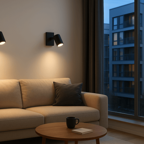 Żarówka LED GU10 4W 55° w ciepłej białej barwie z soczewką, zamontowana w czarnej oprawie na ścianie, oświetlająca strefę wypoczynkową z beżową sofą i drewnianym stolikiem. Tło to szklane okno z widokiem na budynki.
