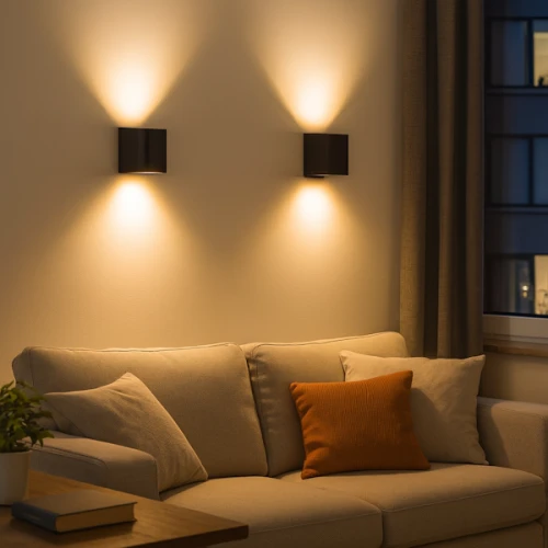 Żarówka LED GU10 3,5W ciepła z mleczną szybką, emitująca miękkie światło, zamontowana w czarnej oprawie na ścianie nad jasnoszarym narożnikiem z pomarańczową poduszką. Tło stanowi gładka, jasna ściana.