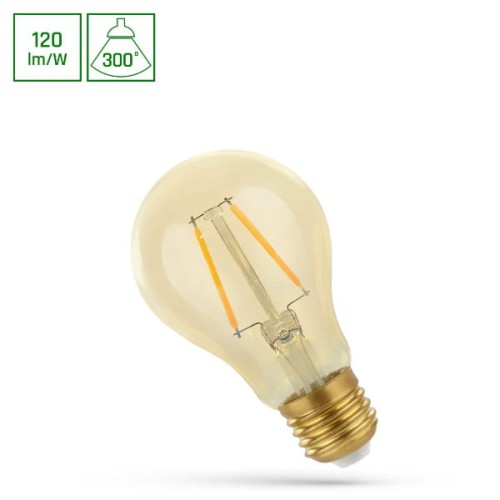 Żarówka LED Filament E27 2W 210lm w ciepłym kolorze retro. Szklana, okrągła obudowa z dekoracyjnymi włóknami w środku. Gwint E27, widoczne logo oraz parametry energetyczne w lewym górnym rogu. Ujęcie z boku.