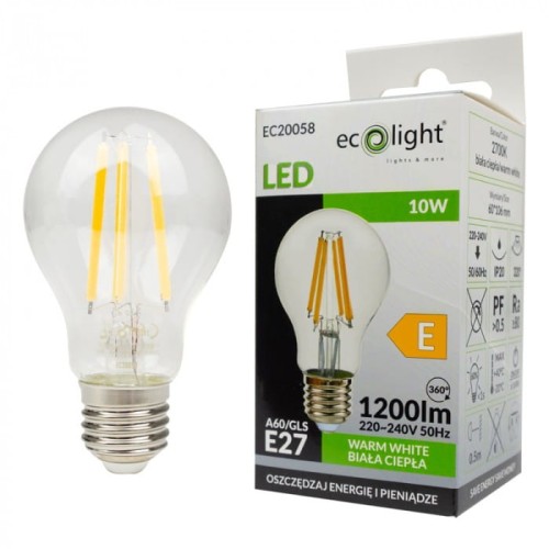 Żarówka LED filament E27 10W o ciepłej białej barwie, z przezroczystą kopułą, zawiera widoczne żarówki LED w kształcie prostokątnym. W zestawie kartonowe opakowanie z informacjami o produkcie, w tym moc, strumień świetlny i klasyfikacja energetyczna.