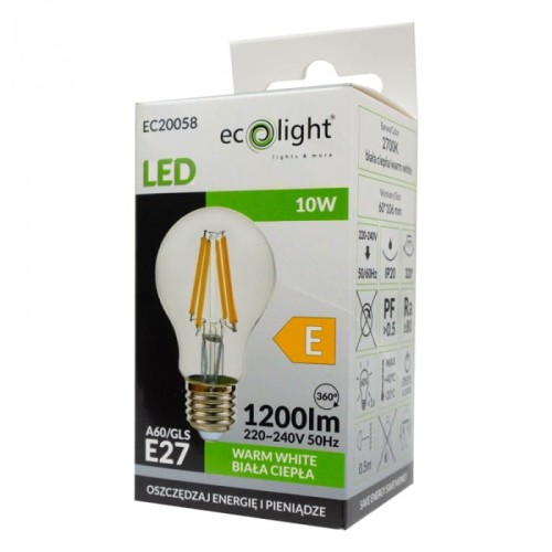 Żarówka LED filament E27 10W ciepła biała (ww) - Ecolight EC20058