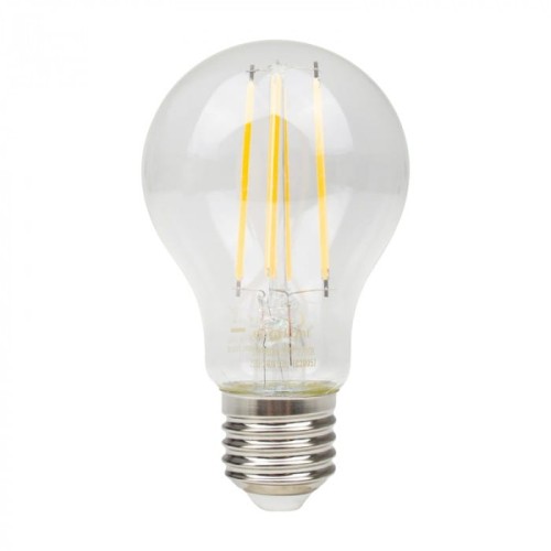 Żarówka LED filament E27 8W w ciepłej białej barwie, z przezroczystą kulistą obudową. Widoczne cztery cienkie filamenty w żółtym kolorze. Kluczowe złącze E27 na metalowej podstawie. Produkt w pozycji stojącej, na białym tle.