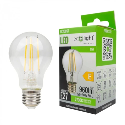 Żarówka LED filament E27 8W w kształcie klasycznym, z przezroczystą szklaną obudową, emitująca ciepłe białe światło (2700K). Widoczna jest złota filamentowa żarówka wewnątrz. Obok opakowanie z zielonymi akcentami i informacjami o produkcie.
