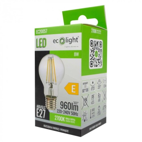 Żarówka LED filament E27 8W ciepła biała, 2700K, z widocznymi żarnikami w formie filamentów. Opakowanie z oznaczeniem energetycznym E, informacjami o wydajności (960 lm, 360°) oraz kodem QR. Kolorystyka opakowania: zielona i czarna.