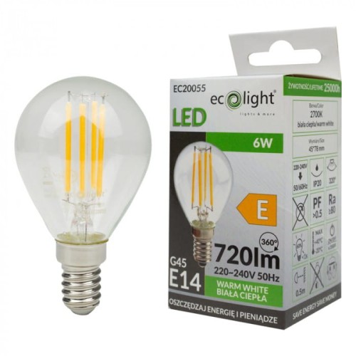 Żarówka LED filament KULKA E14 6W w kształcie kulki, przezroczysta obudowa, widoczne cztery żarniki LED, emitująca ciepłe białe światło (2700K). Obok opakowanie z informacjami o produkcie, z logo Ecolight, w kolorach zielonym i białym.