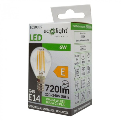 Żarówka LED filament KULKA E14 6W w kształcie kulki, przezroczysta, z widocznymi włóknami, emitująca ciepłe białe światło (2700K). Ujęcie frontalne, z opisem technicznym i logo Ecolight na opakowaniu. Wymiary 45x78 mm, moc 720 lm.